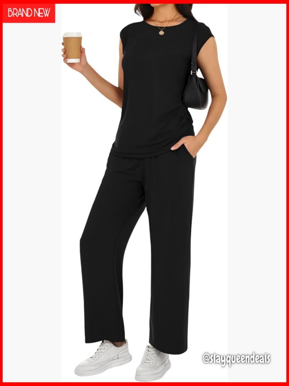 Large Soft Stretch Lounge Set with Pockets, Cap Sleeve Top and Wide Leg Pants